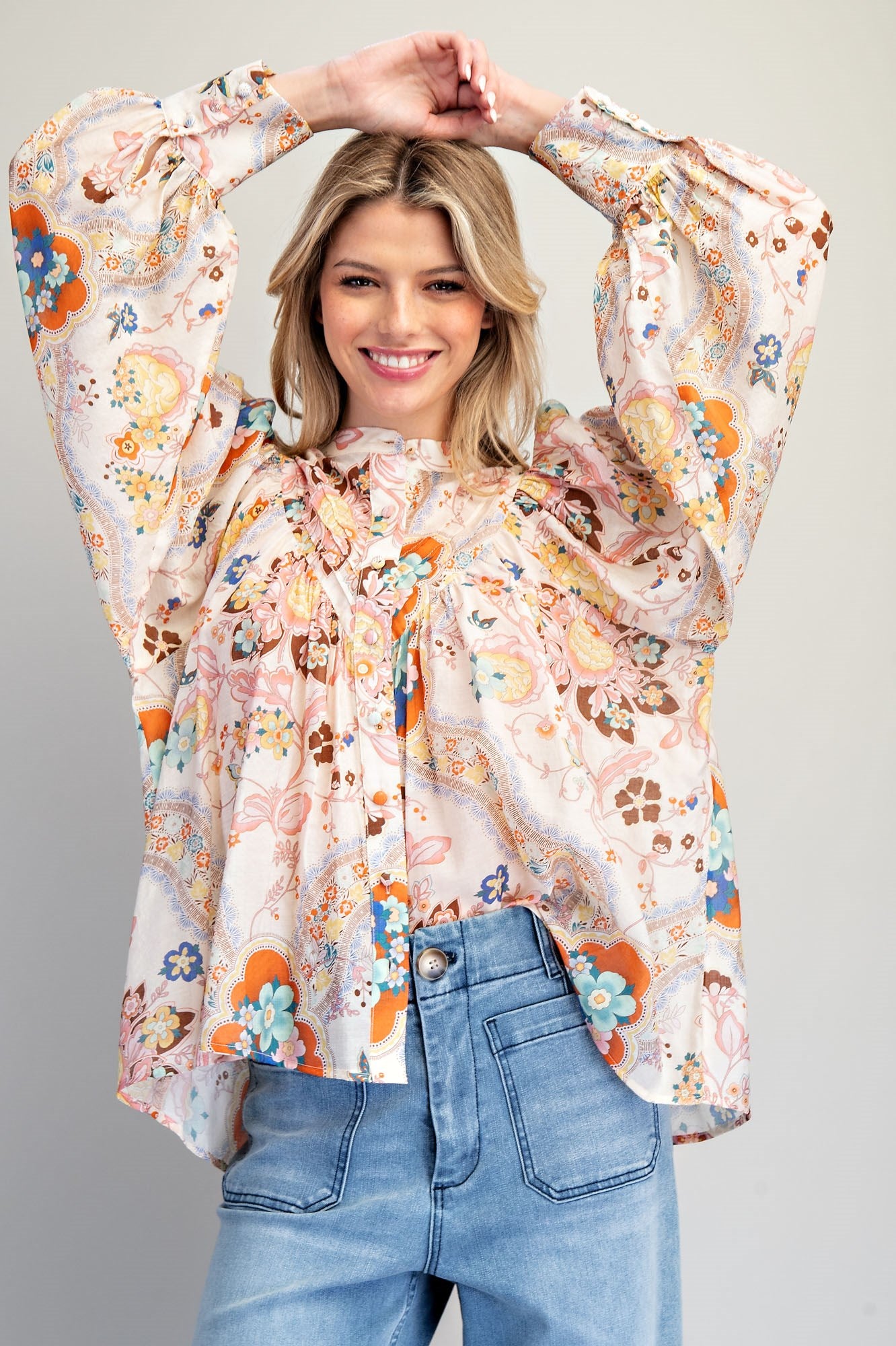 Button down paisley printed blouse with buttoned cuffs