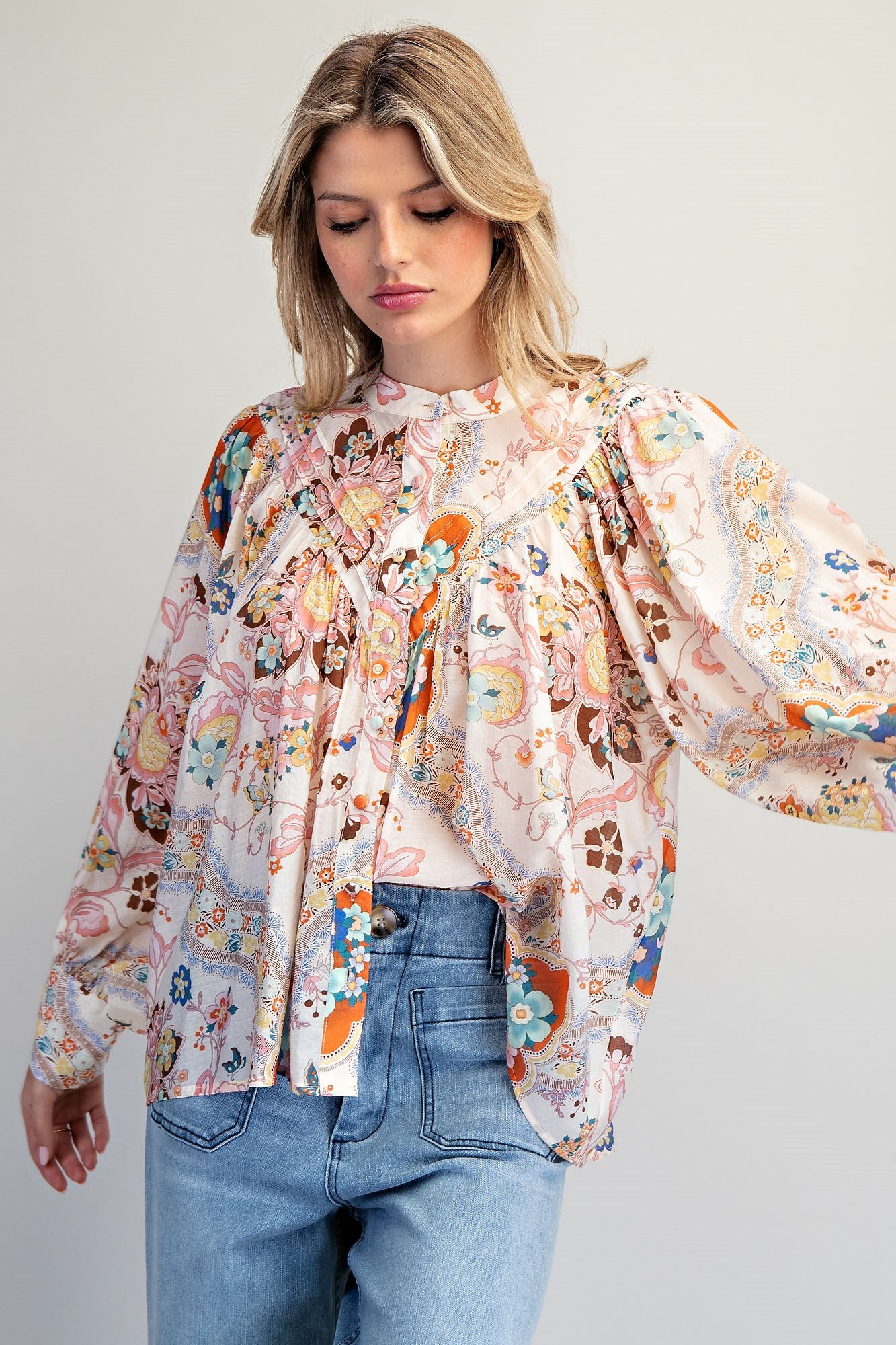 Button down paisley printed blouse with buttoned cuffs