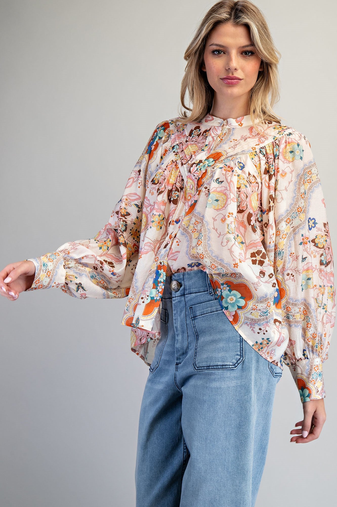 Button down paisley printed blouse with buttoned cuffs