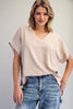 Solid V-neck short sleeve blouse