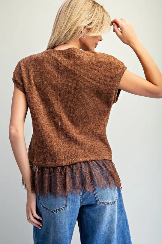 Lace trim textured knit top