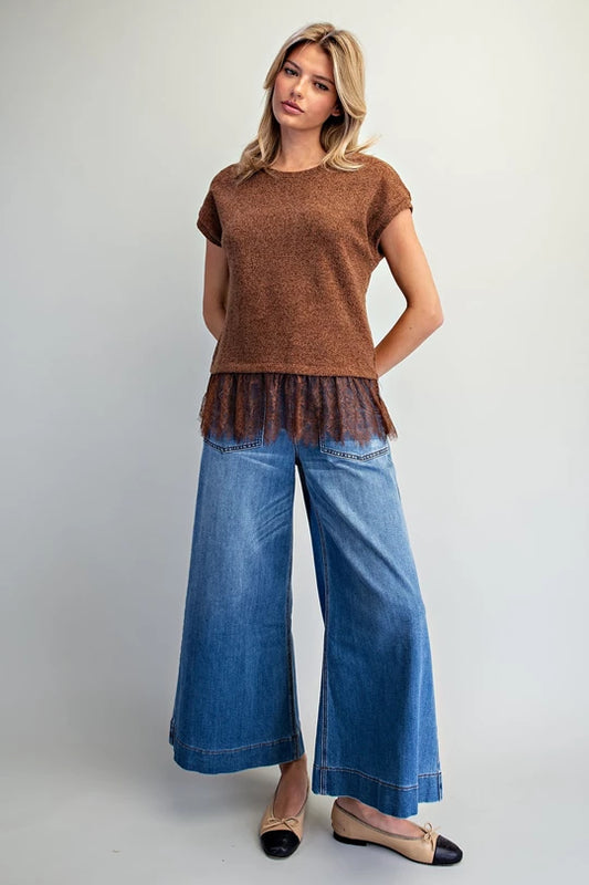 Lace trim textured knit top