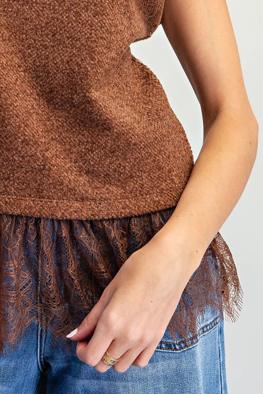 Lace trim textured knit top