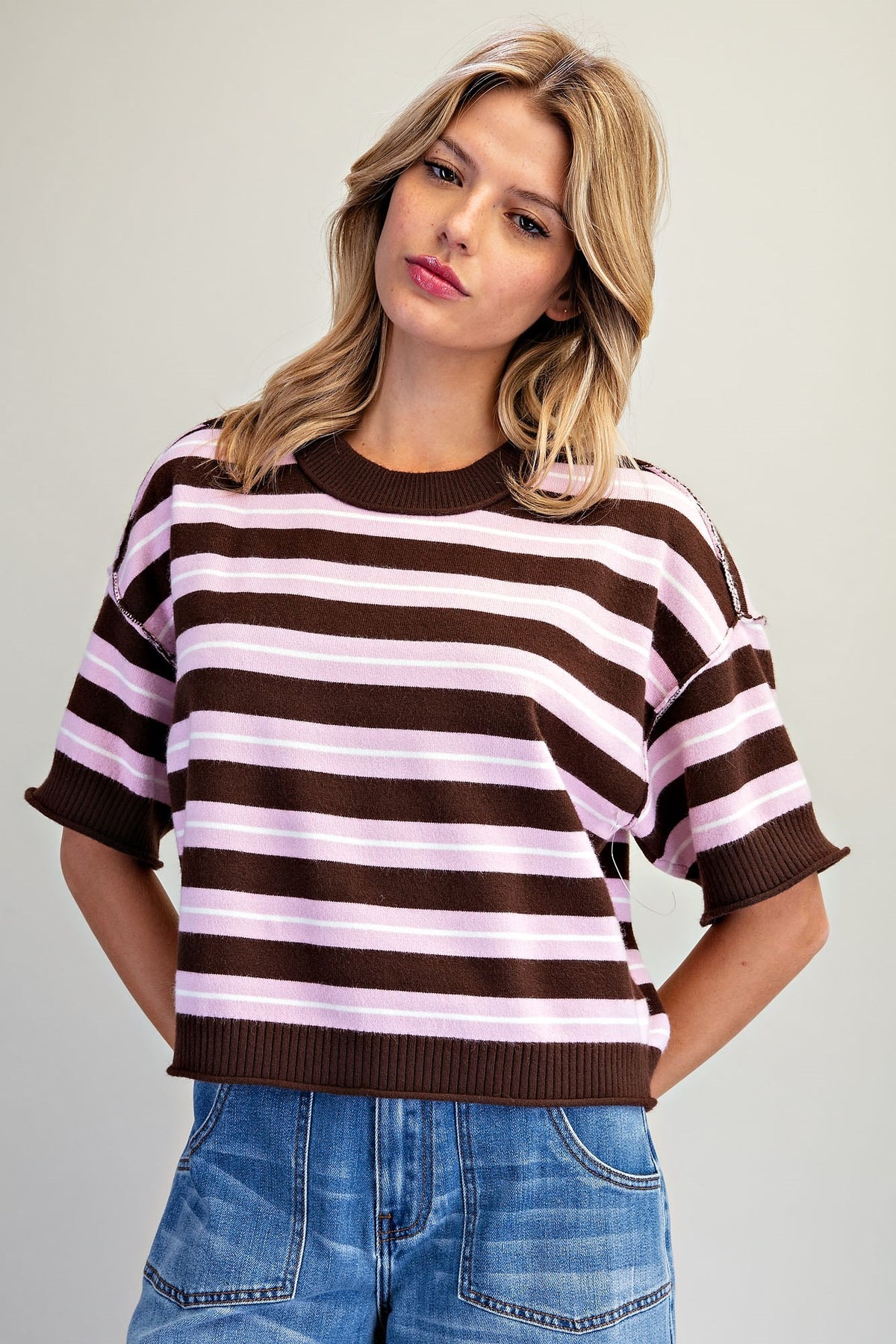 Striped Short Sleeve Knit Sweater