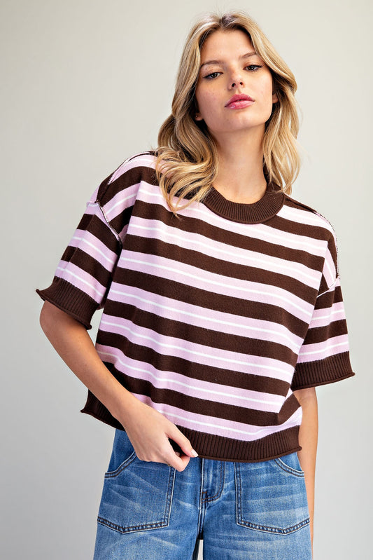 Striped Short Sleeve Knit Sweater