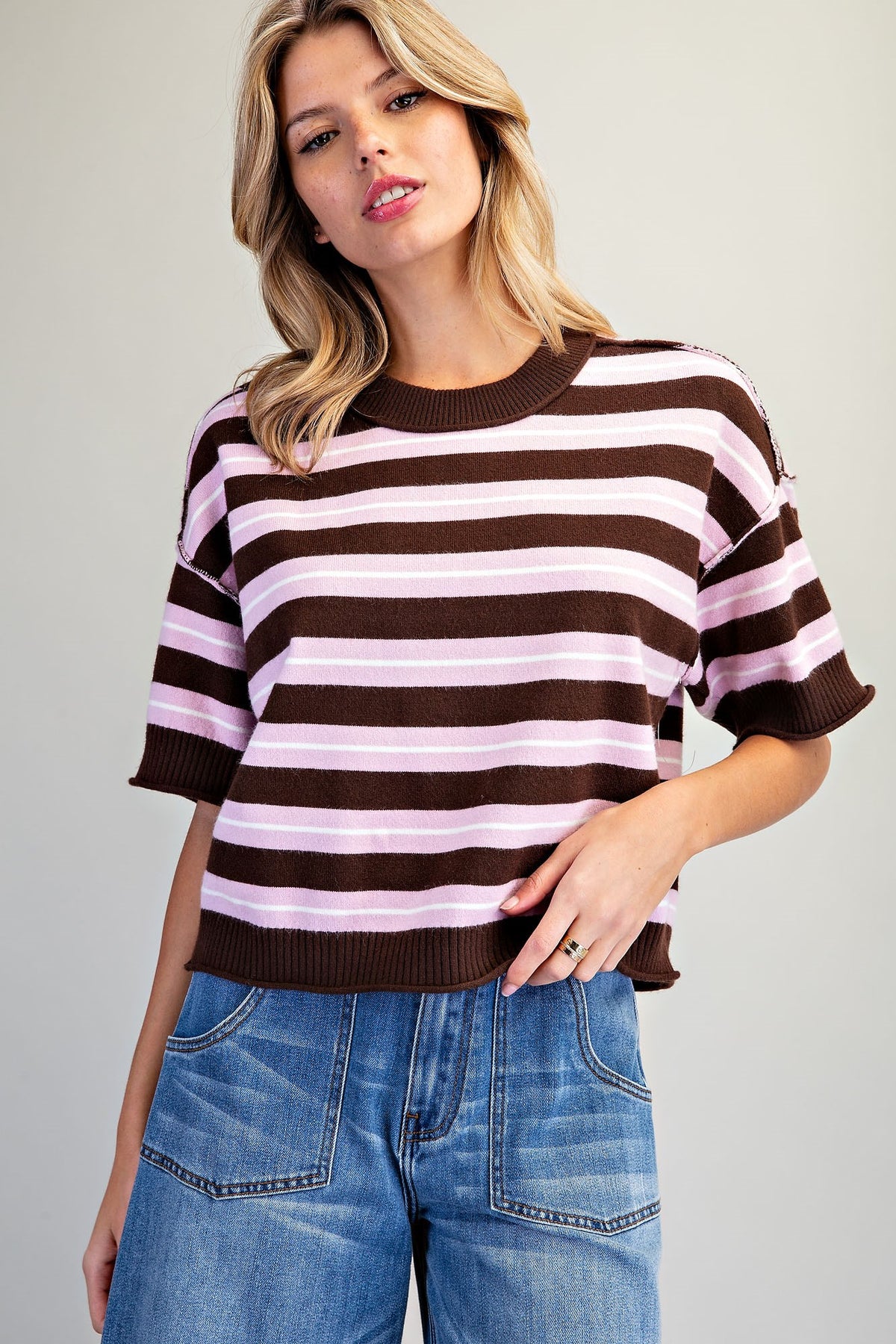 Striped Short Sleeve Knit Sweater