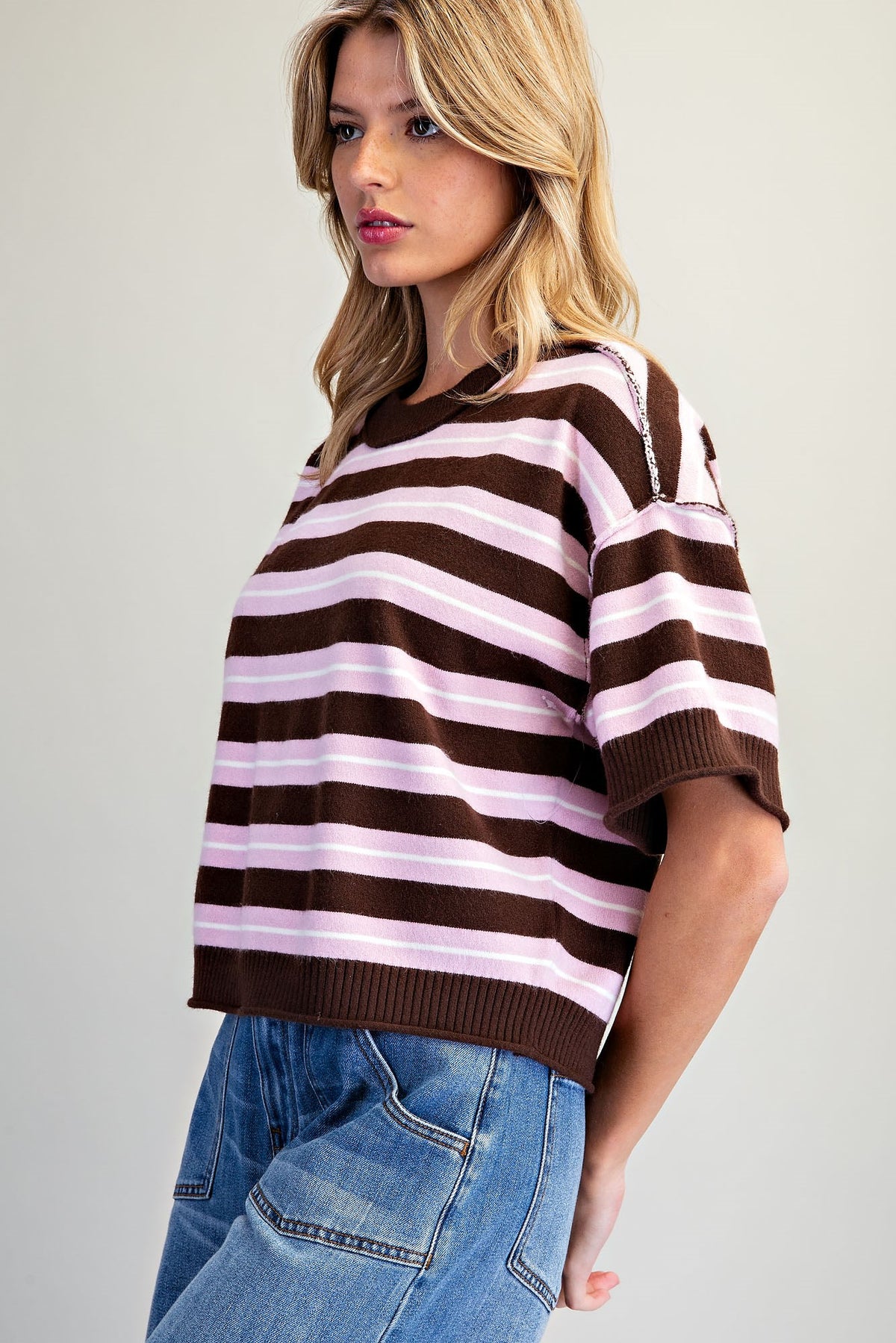 Striped Short Sleeve Knit Sweater