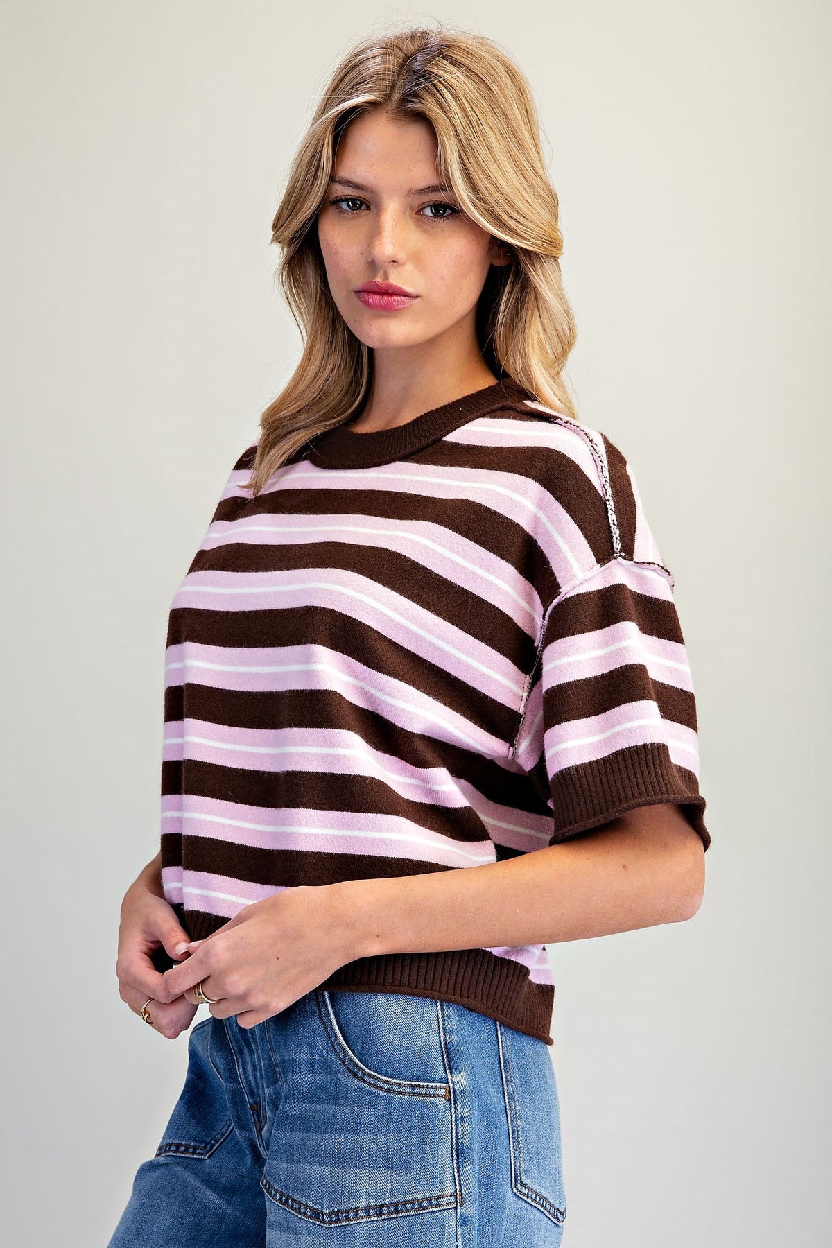 Striped Short Sleeve Knit Sweater