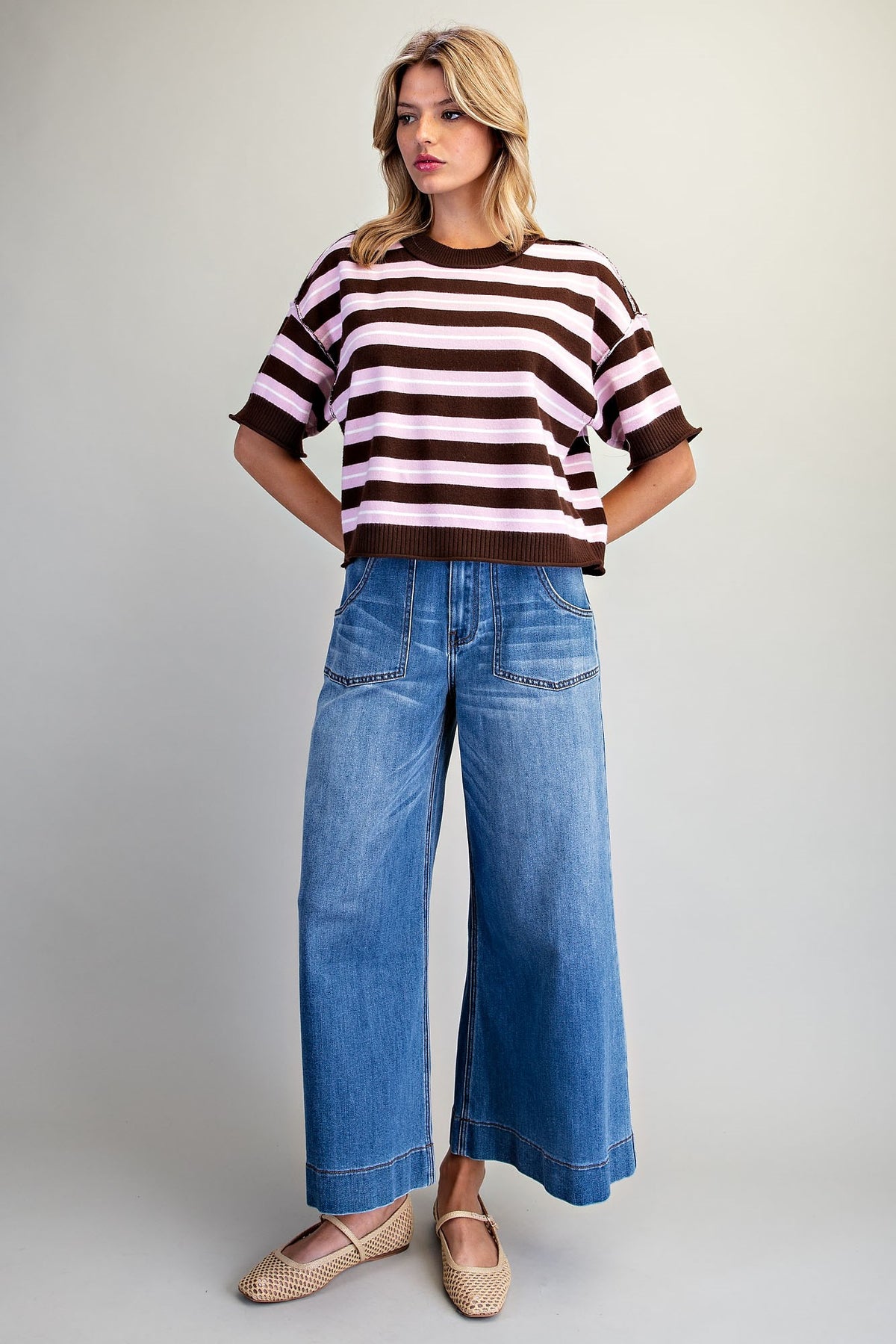 Striped Short Sleeve Knit Sweater