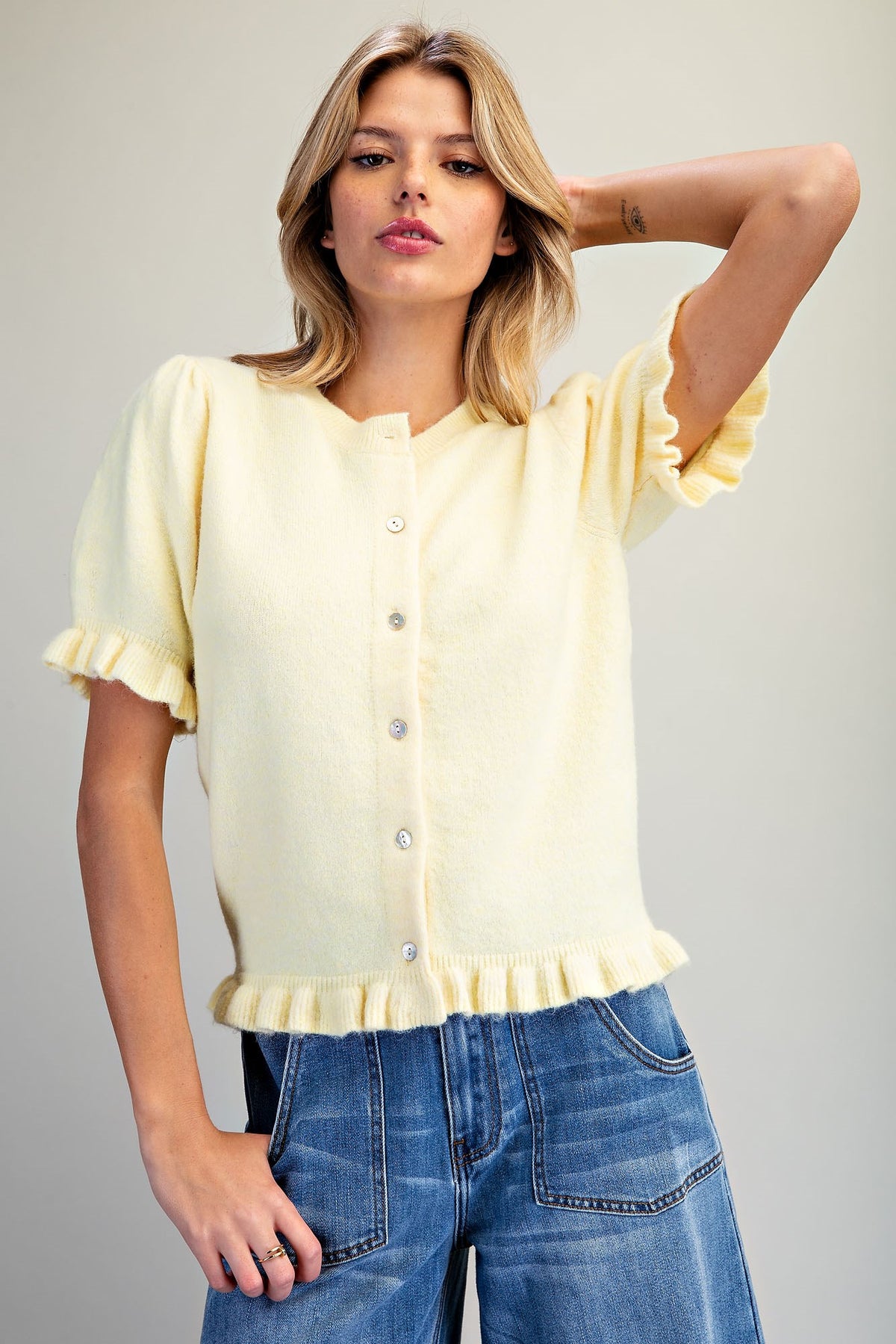Ruffle Trim Short Sleeve Cardigan