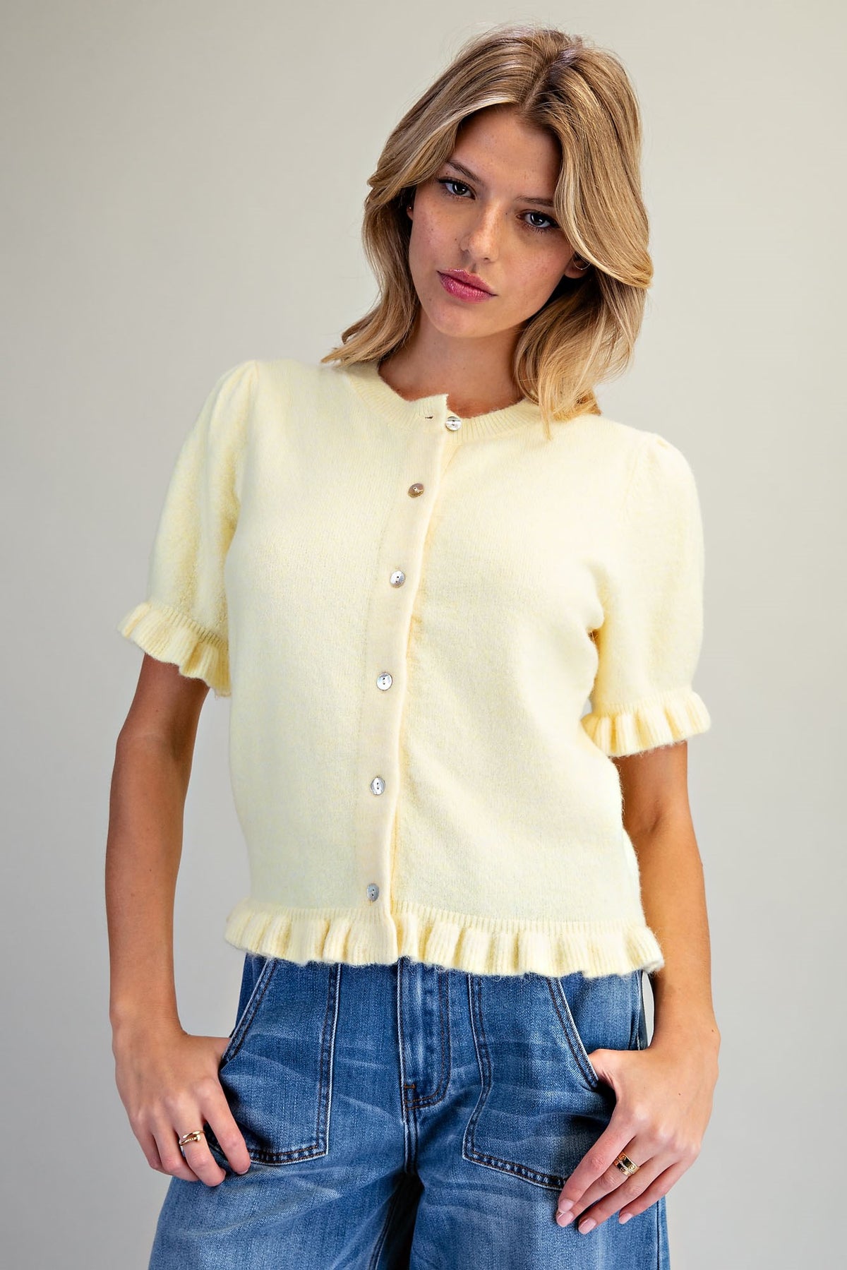 Ruffle Trim Short Sleeve Cardigan