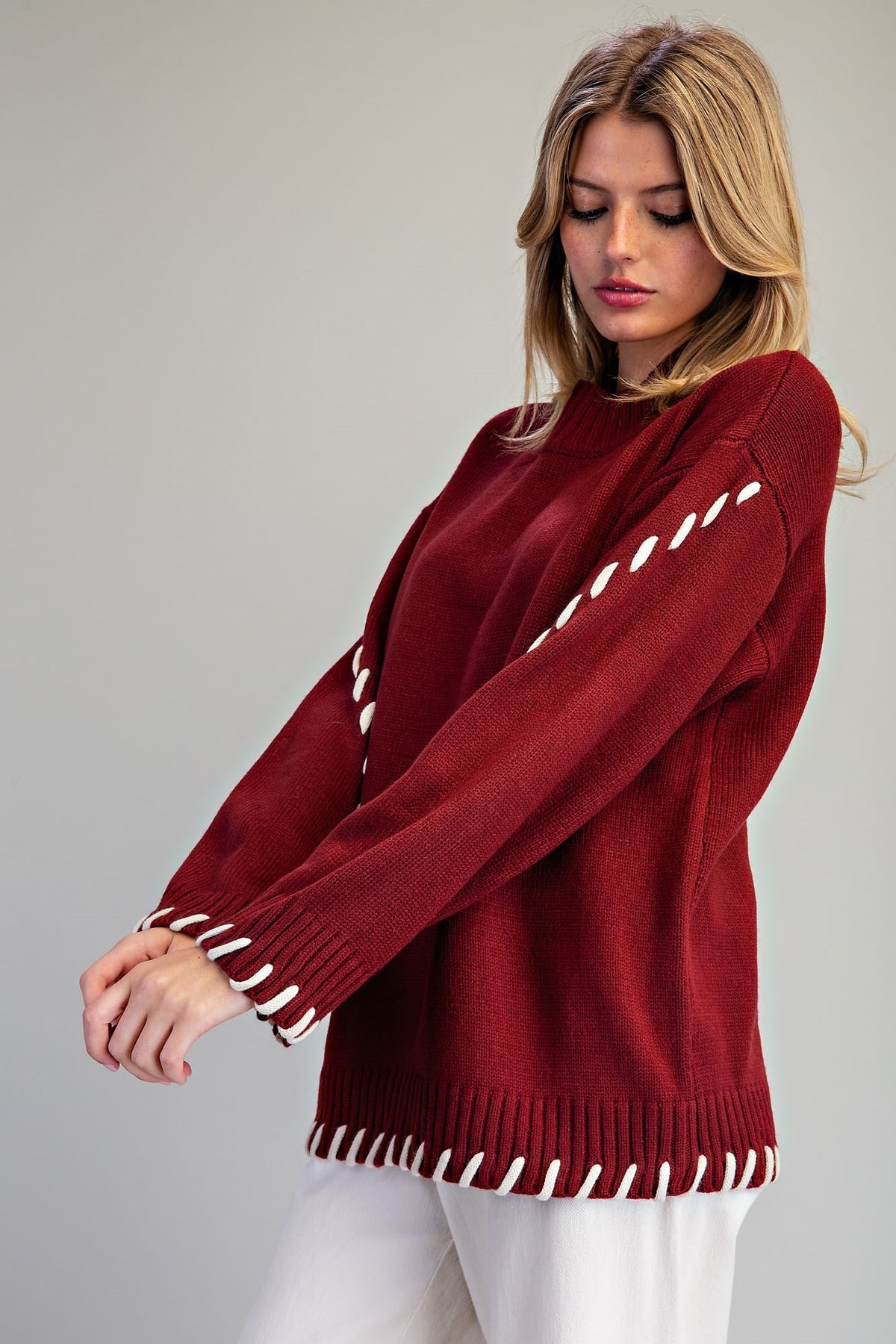 Whipstitch Mock Neck Sweater