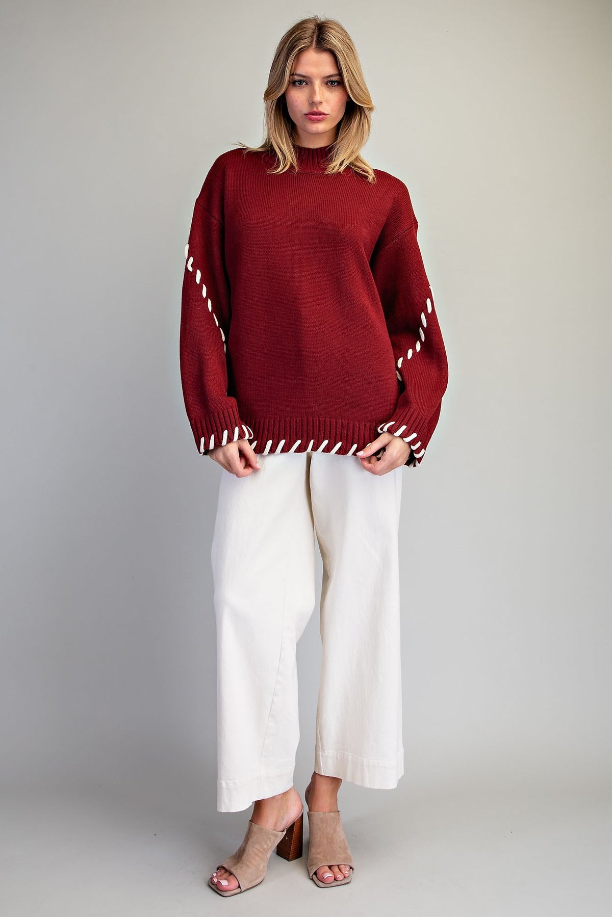 Whipstitch Mock Neck Sweater