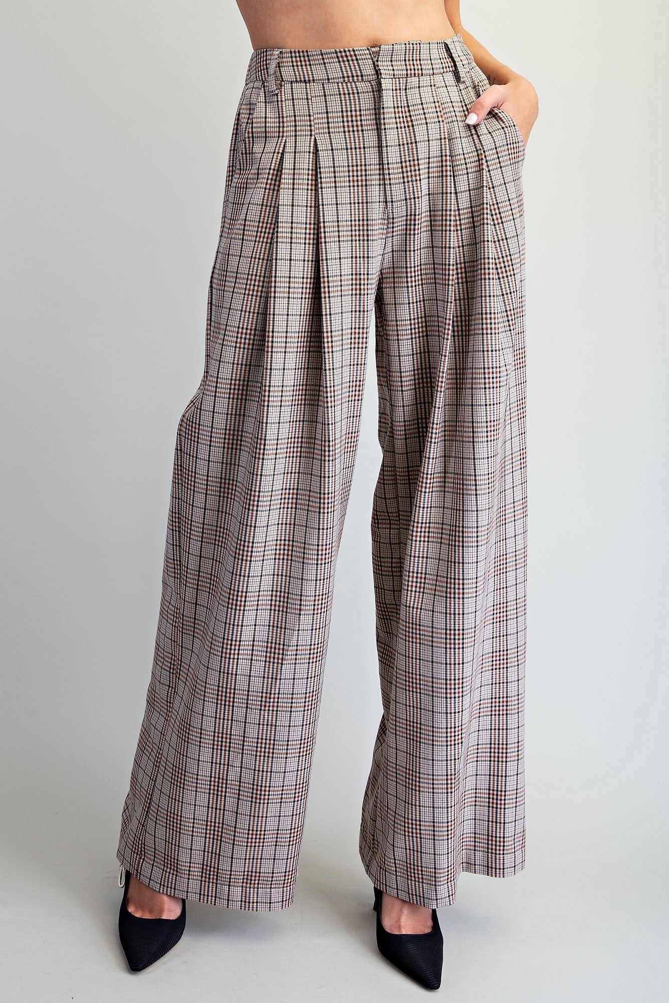 Plaid pleated straight leg pants