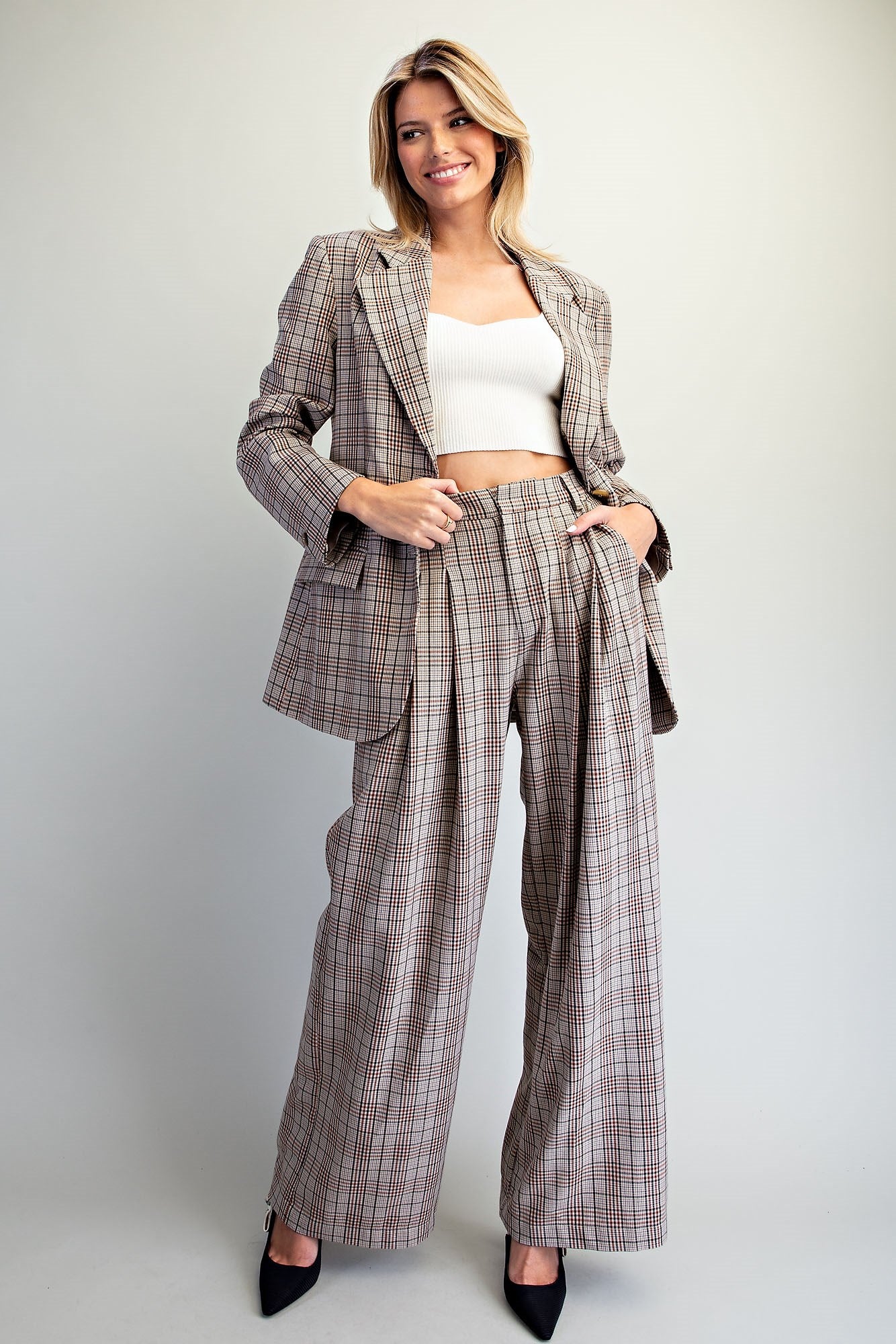 Plaid pleated straight leg pants