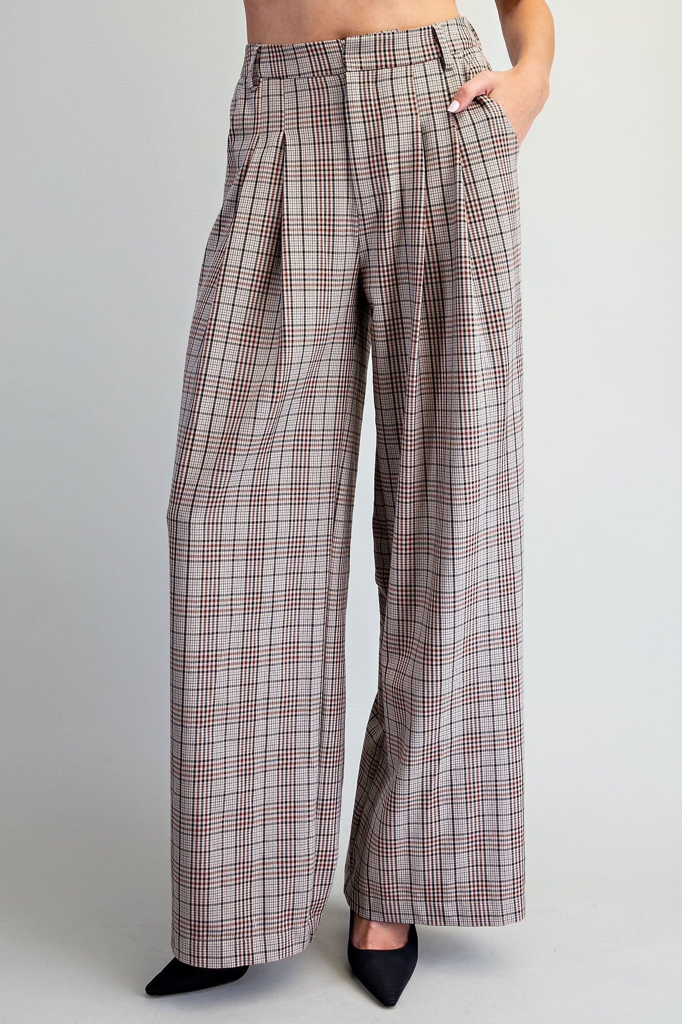 Plaid pleated straight leg pants