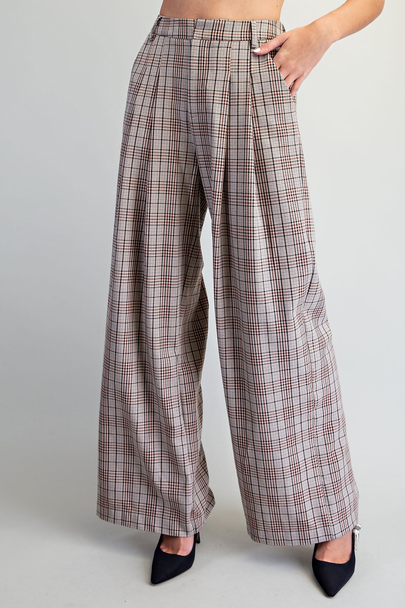 Plaid pleated straight leg pants