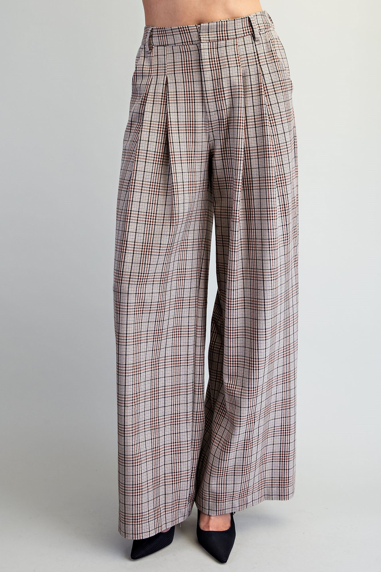 Plaid pleated straight leg pants