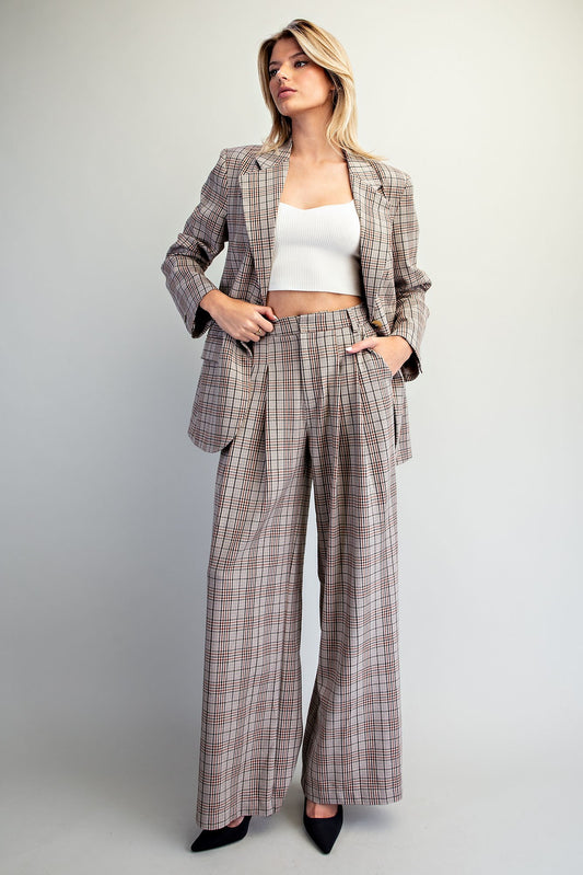 Plaid pleated straight leg pants