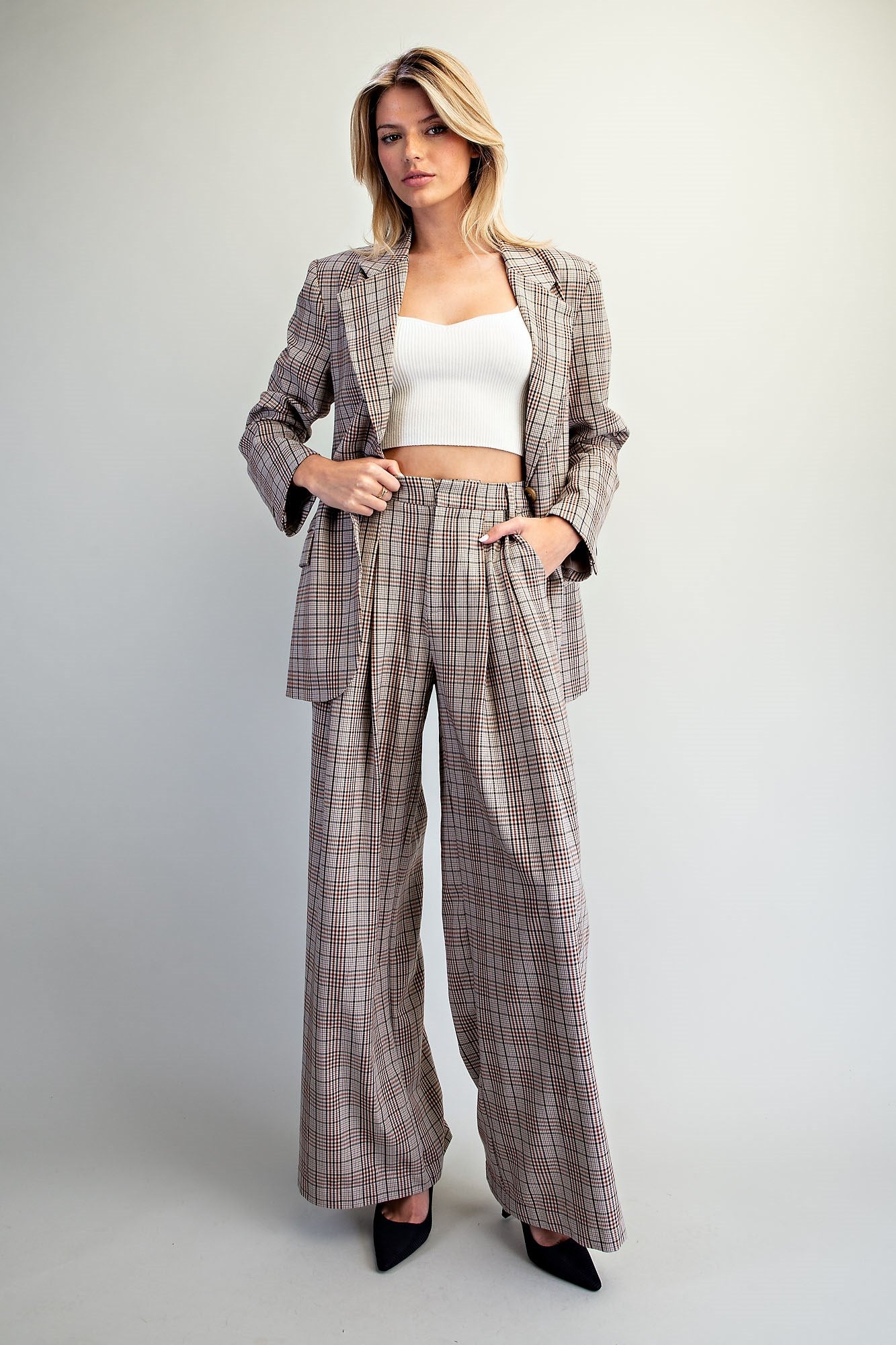 Plaid pleated straight leg pants