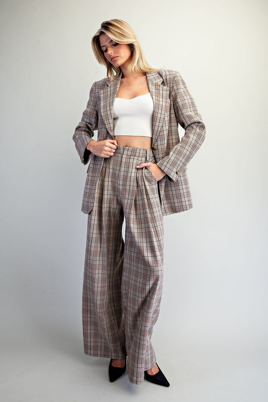 Plaid pleated straight leg pants