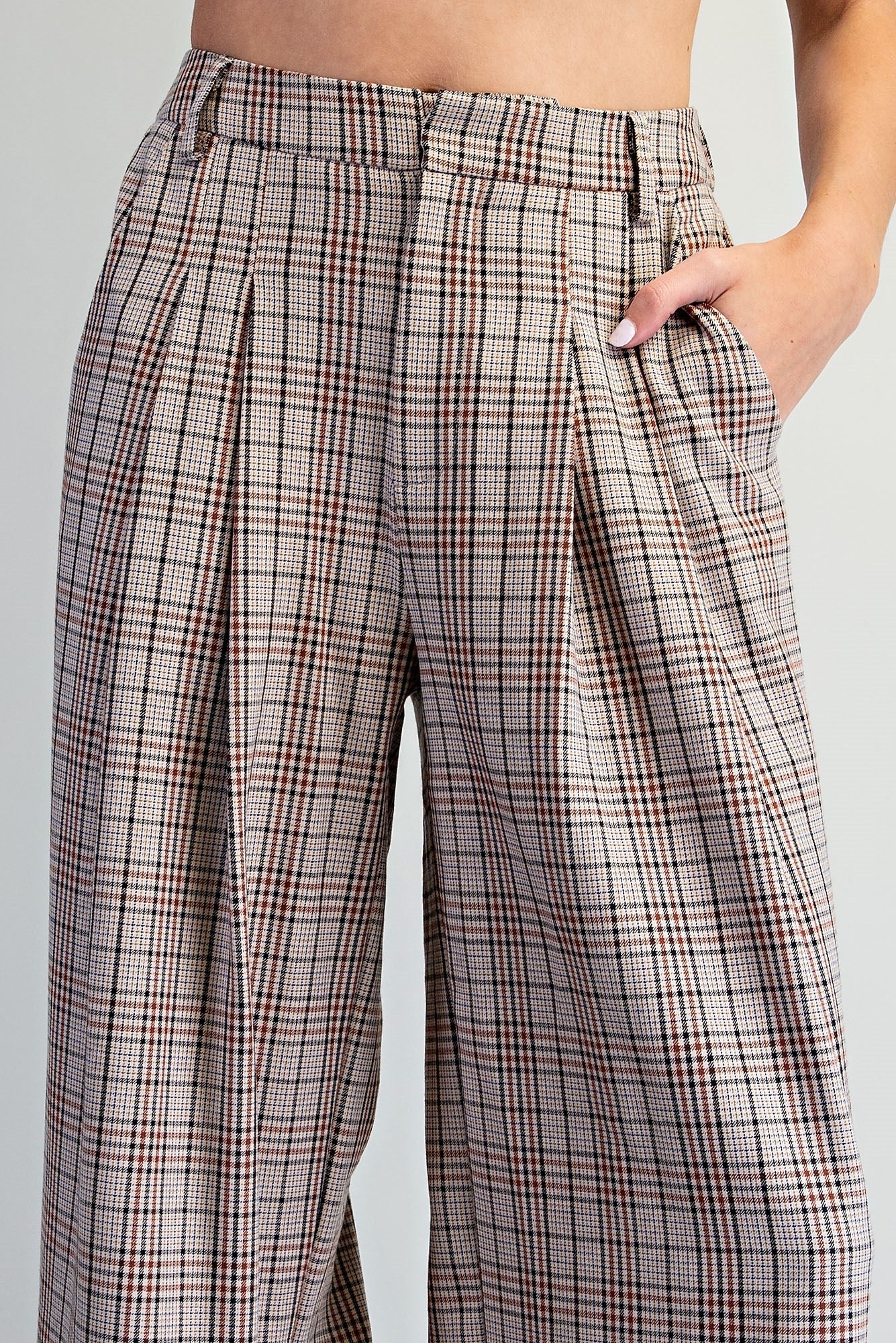 Plaid pleated straight leg pants