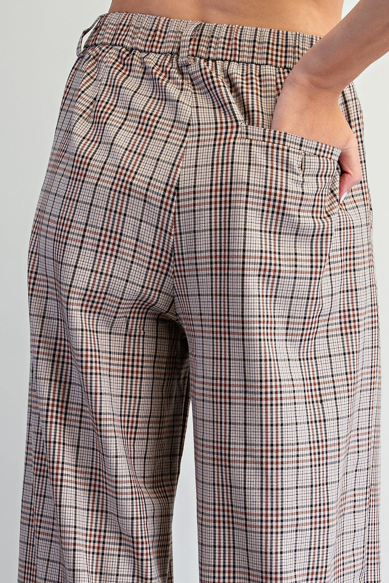 Plaid pleated straight leg pants