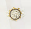 Three Row Pearl with Hammered Silver and Gold Cross Coin Stretch Bracelet