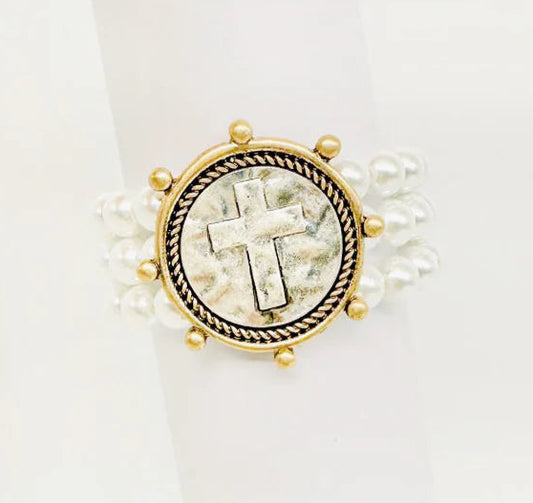 Three Row Pearl with Hammered Silver and Gold Cross Coin Stretch Bracelet