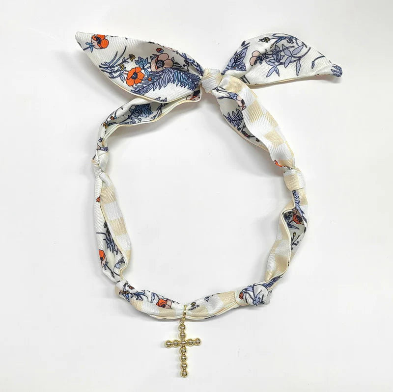 Scarf Necklace Beige/Navy with 1.25" Bubble Cross, VERY POPULAR!!