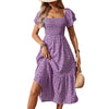 Floral square neck smocked short sleeve maxi summer dress