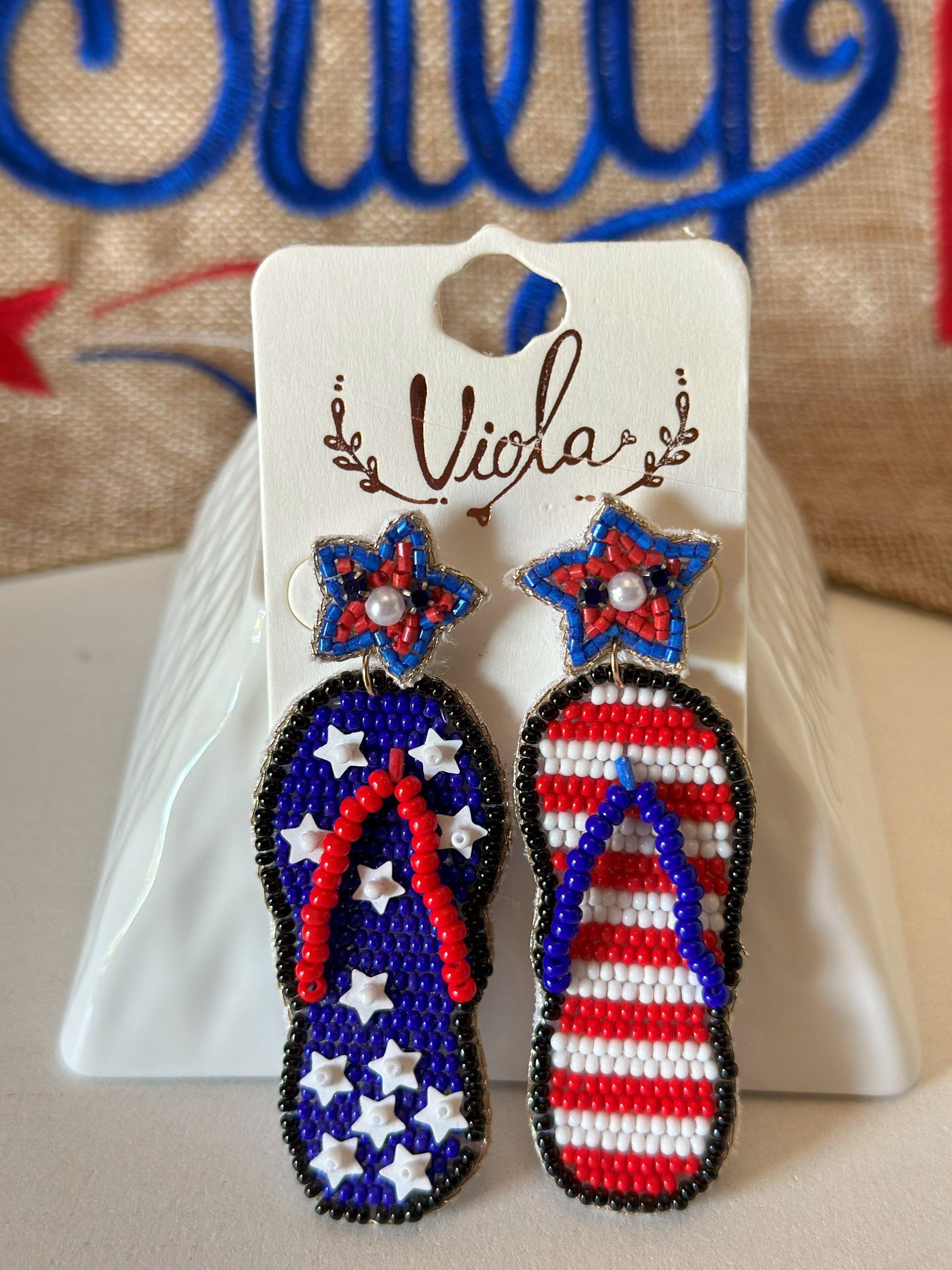 Red, White and Blue Patriotic Flag Flip Flops under Stars Earrings Earrings Dallas Market Center   