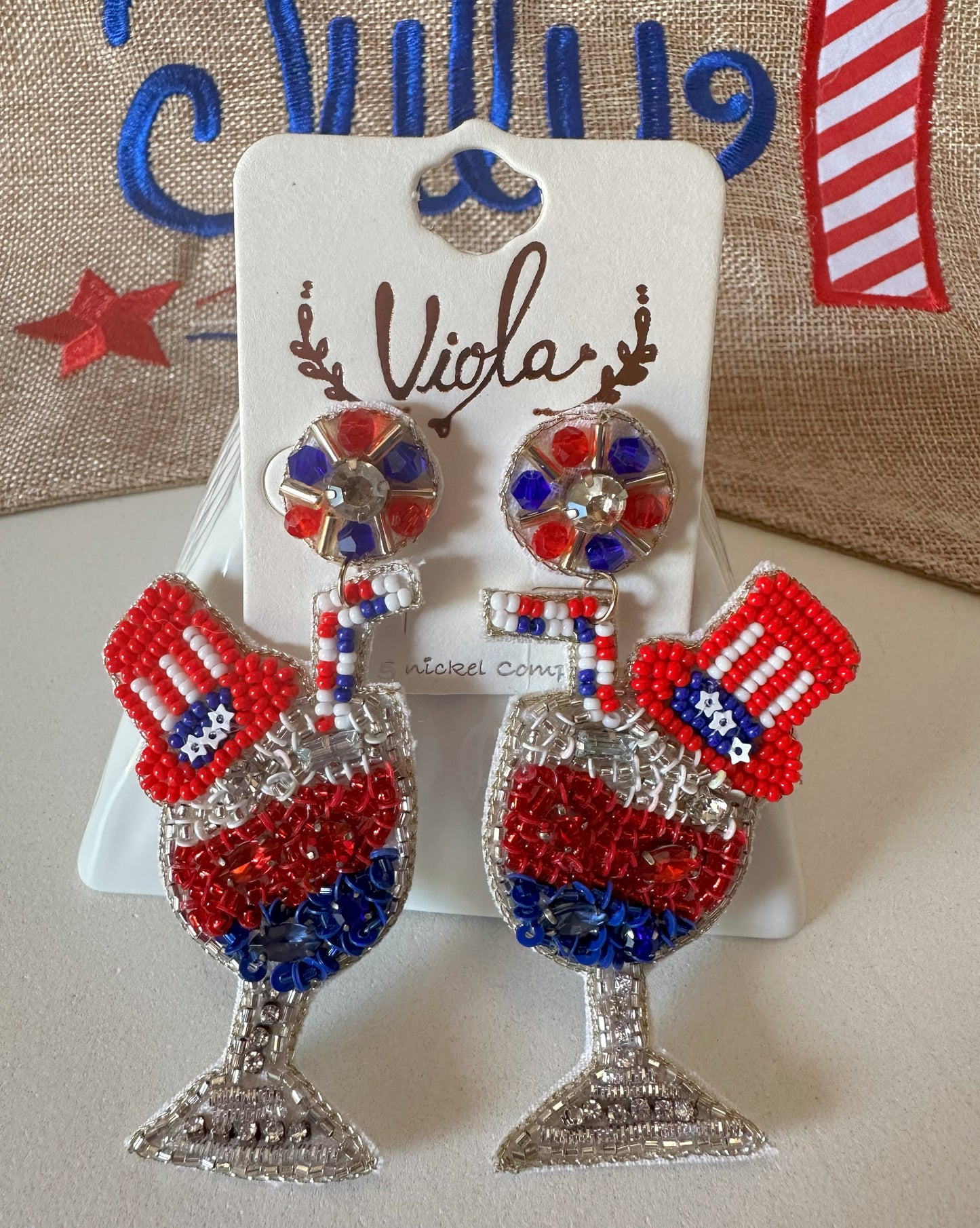Red, White and Blue Patriotic Celebration Champaign Glasses under Fireworks Earrings Earrings Dallas Market Center   