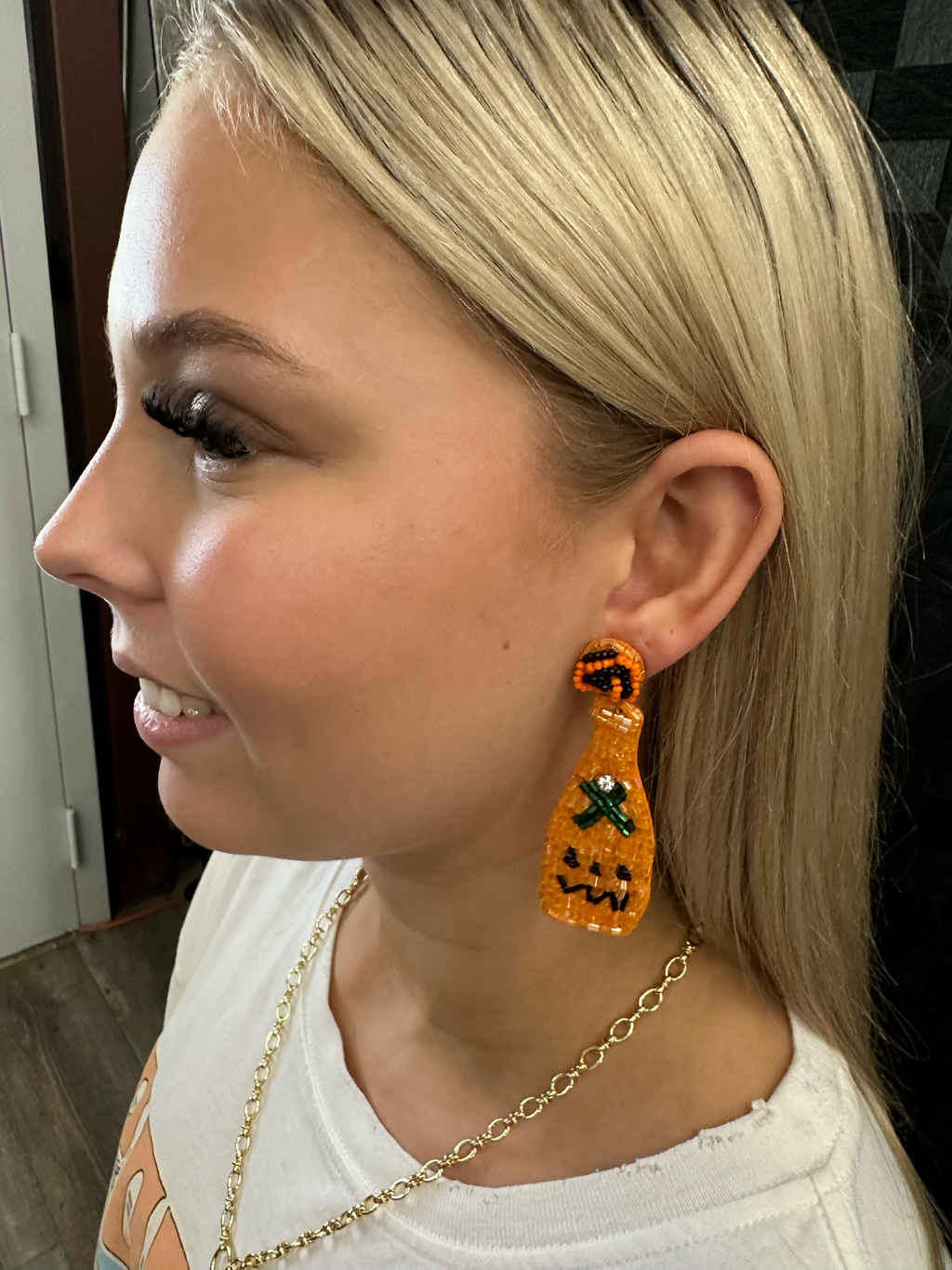 Halloween Orange and Black Pumpkin Face Champagne Bottles Beaded Earrings Earrings Pink Panache   