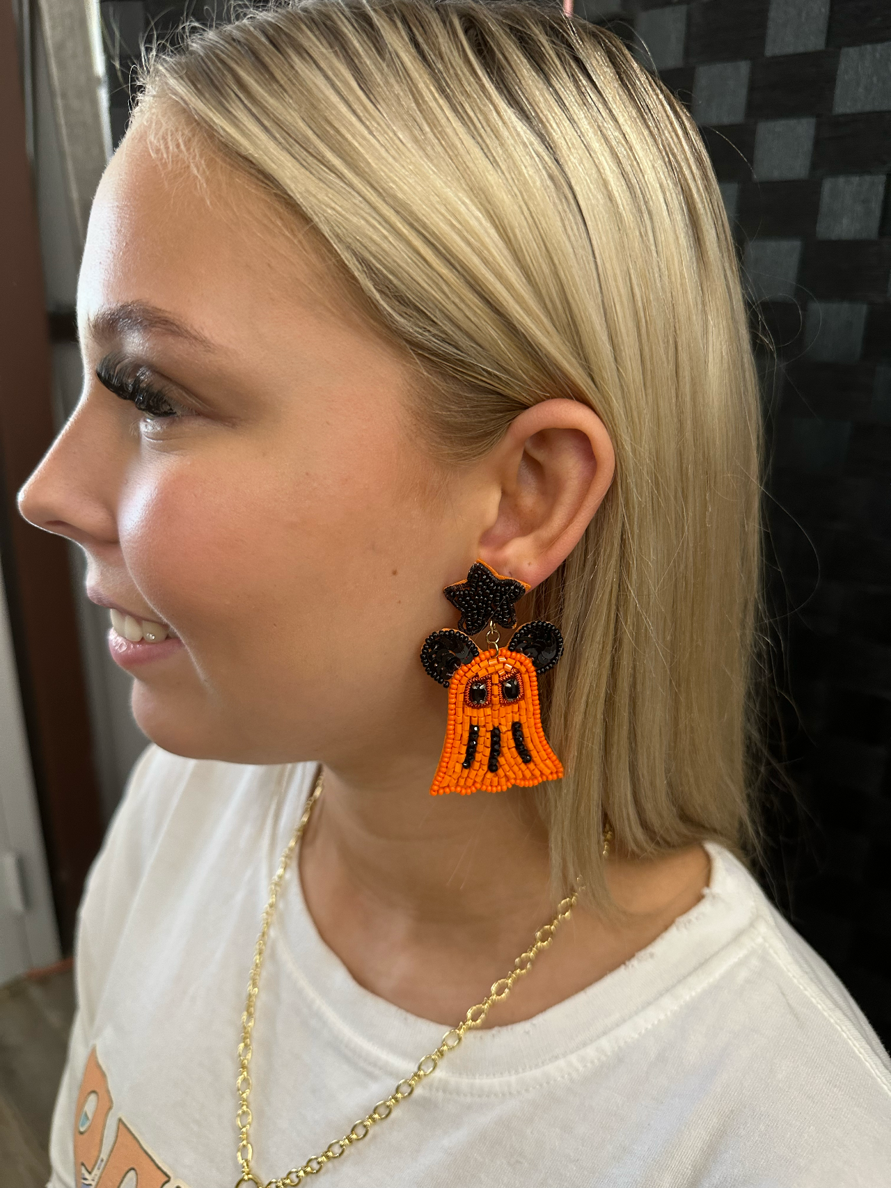 Halloween Orange and Black Ghosts under Stars Beaded Earrings Earrings Pink Panache   