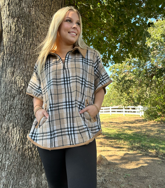Brushed plaid half zipper pancho Pancho Kori America