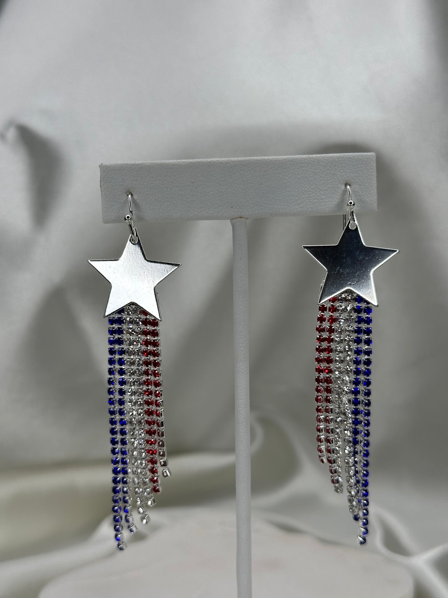 Silver star with red white blue USA flag tassels Earrings Accessories To Go   