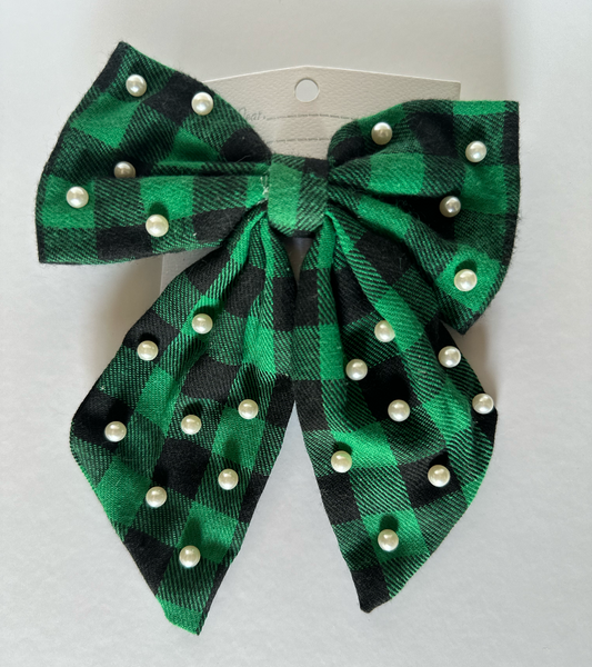 Plaid green Christmas Bow hair clasp with pearls