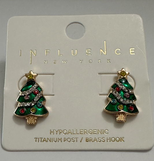 Sparkling Holiday Earrings: Colorful Christmas Tree with Faux Diamond and Jewel Ornaments