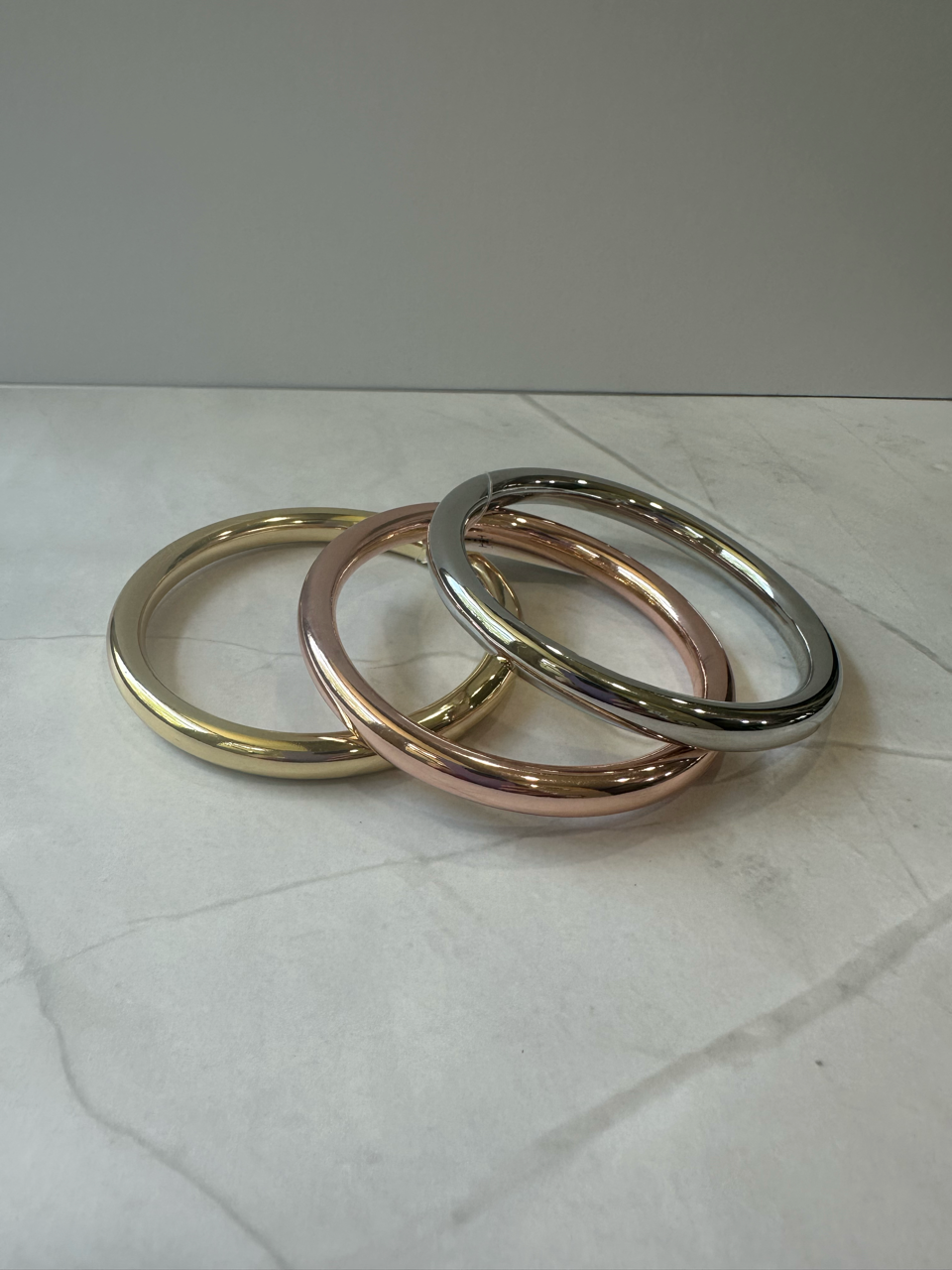 Gold, rose gold, and silver bangle bracelet set