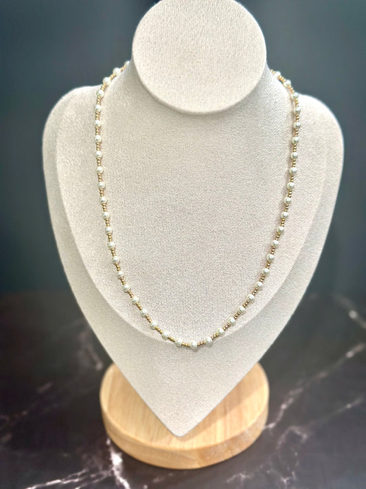 Water Resistant 4mm Pearl and Gold Beaded 16"-18" Necklace