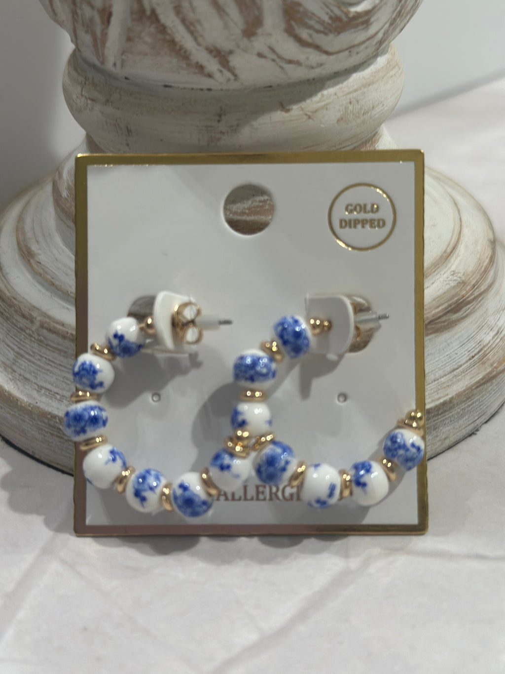 White and Blue Beaded with Gold Accent 1.25" Earring