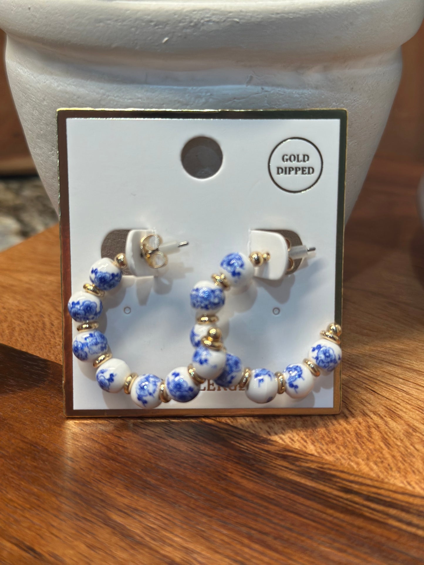 White and Blue Beaded with Gold Accent 1.25" Earring
