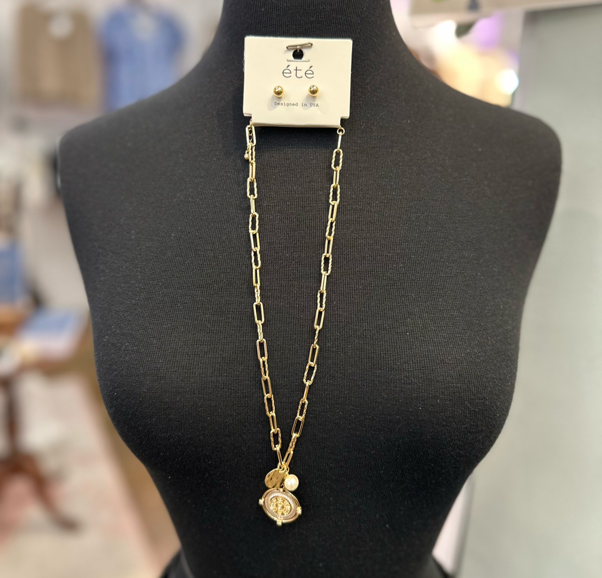 Gold Chain with Two Tone Coin and Pearl Charm 16"-18" Necklace with Gold Stud Earrings