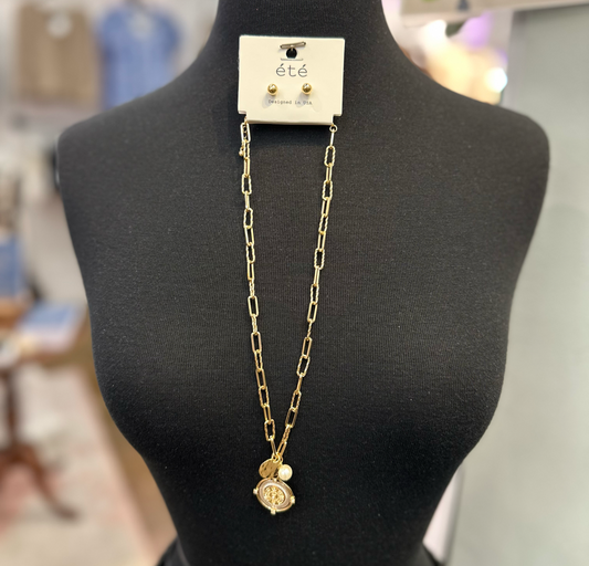 Gold Chain with Two Tone Coin and Pearl Charm 16"-18" Necklace with Gold Stud Earrings