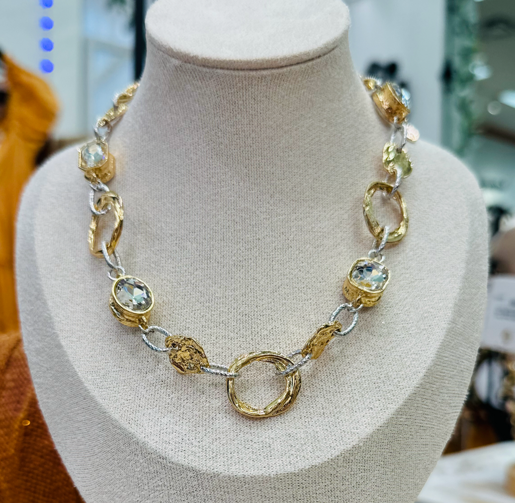 Gold and Silver Two Tone Textured Necklace with Clear Stone 16"-18" Necklace