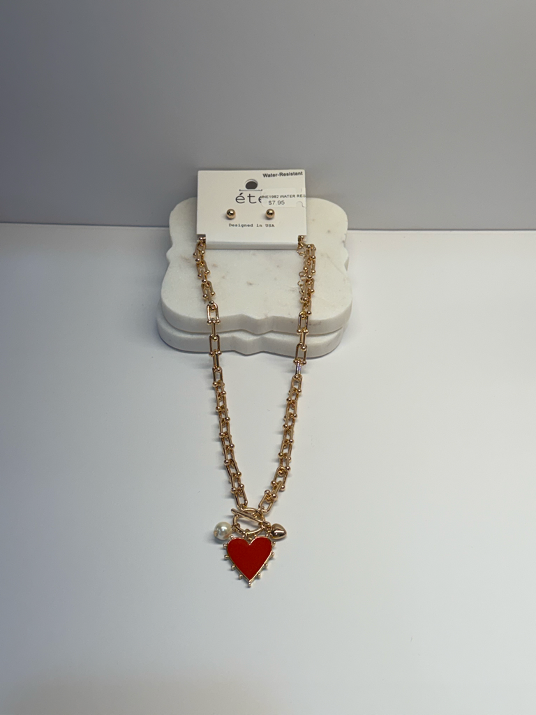 Gold hoop with gold and colorful heart necklace and gold bead earrings set