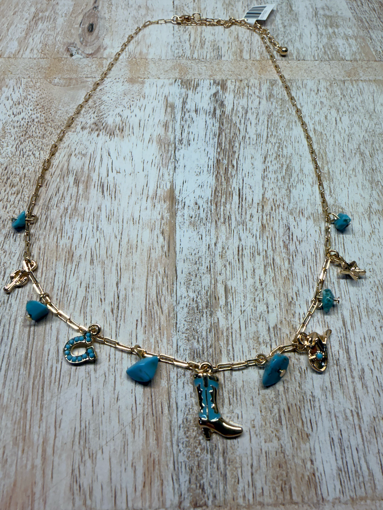 Western style horseshoe, star, cactus turquoise antique style necklace