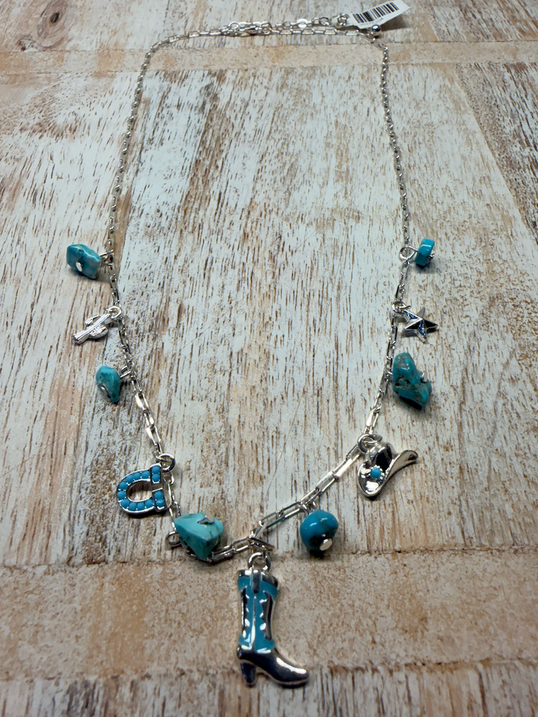 Western style horseshoe, star, cactus turquoise antique style necklace