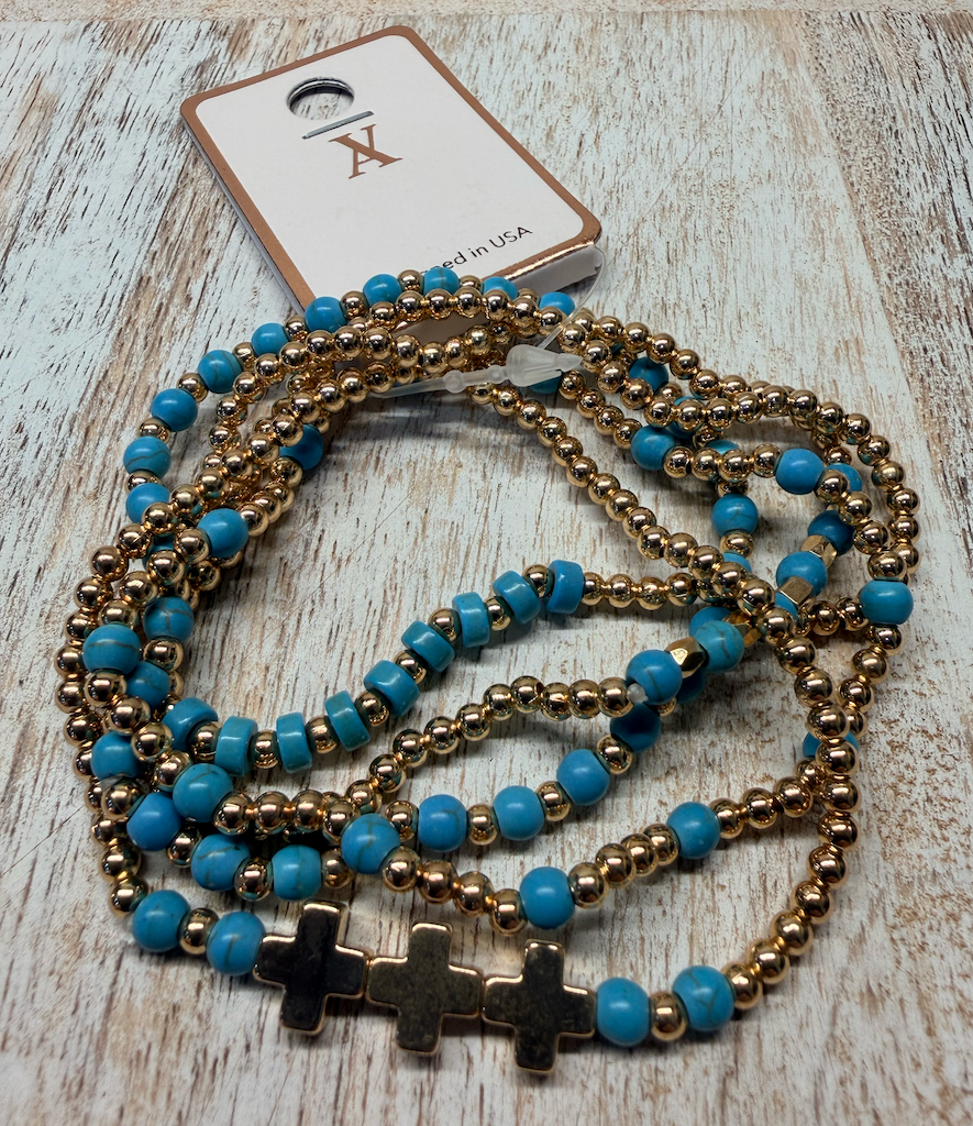Alternating gold and turquoise with crosses layered bracelet